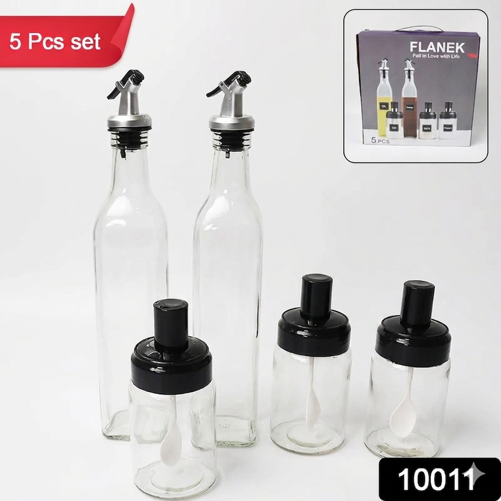 Glass Oil Dispenser 500ml Set of 2 & Spice Jars 250ml Set of 3 — 5-Piece Kitchen Glass Set